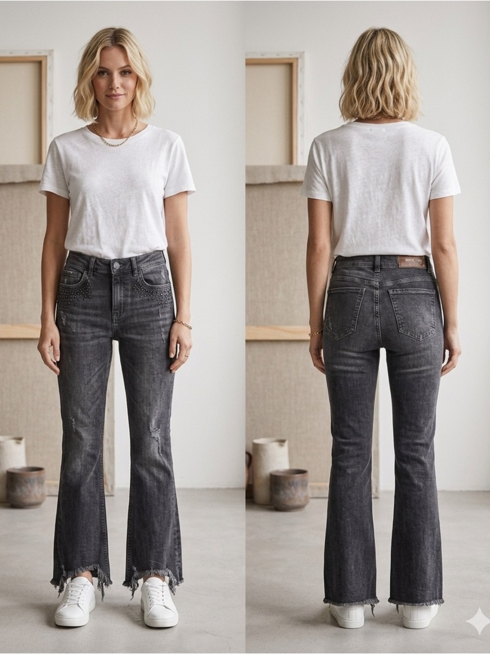 MNG Mango Rhinestone Embellished Black Flare Jeans - Size XS - Picture 3 of 9